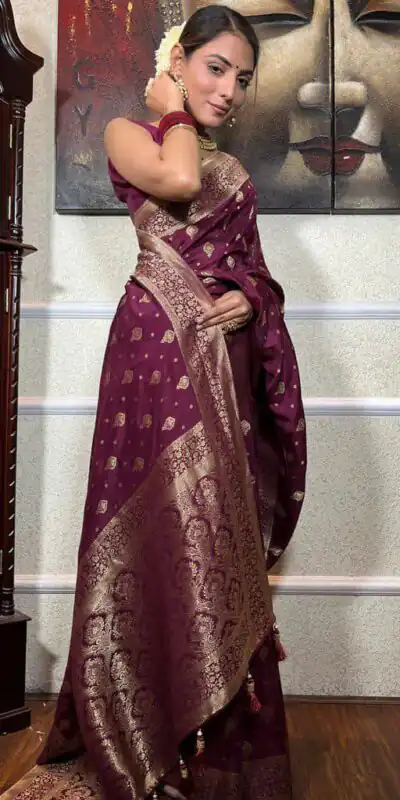 Wine Soft Lichi Silk Border Jacquard Work Saree | Sarees, Bollywood Sarees, Creative Sarees, Designer Sarees, Embroidered Sarees, Ethnic Saree, Modern Digital sarees, Party Wear Sarees