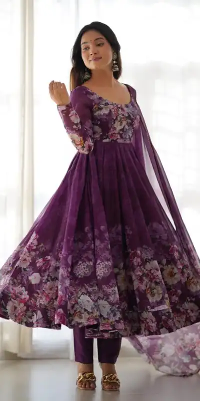 Wine Soft Organza Silk Print With Kali Gown | Gowns, Bollywood Gowns, Creative Gowns, Designer Gowns, Embroidered Gowns, Party Wear Gowns