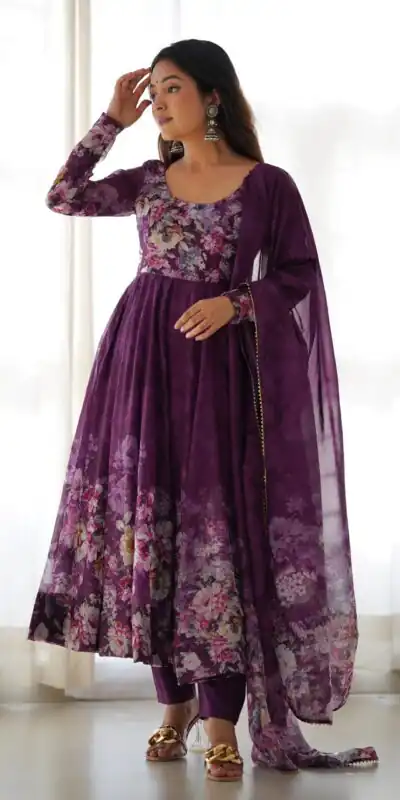 Wine Soft Organza Silk Print With Kali Gown | Gowns, Bollywood Gowns, Creative Gowns, Designer Gowns, Embroidered Gowns, Party Wear Gowns