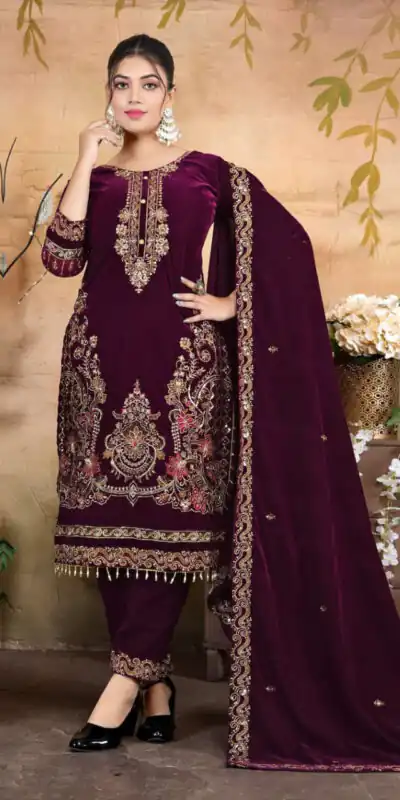 Wine Velvet Embroidery Lace Work Salwar Suit | Jump Suits, Salwar suit, Casual Suits, Creative suits, Designer Suits, Palazzo Suits, Party Wear Suits, Patiala Suits, Straight Suits