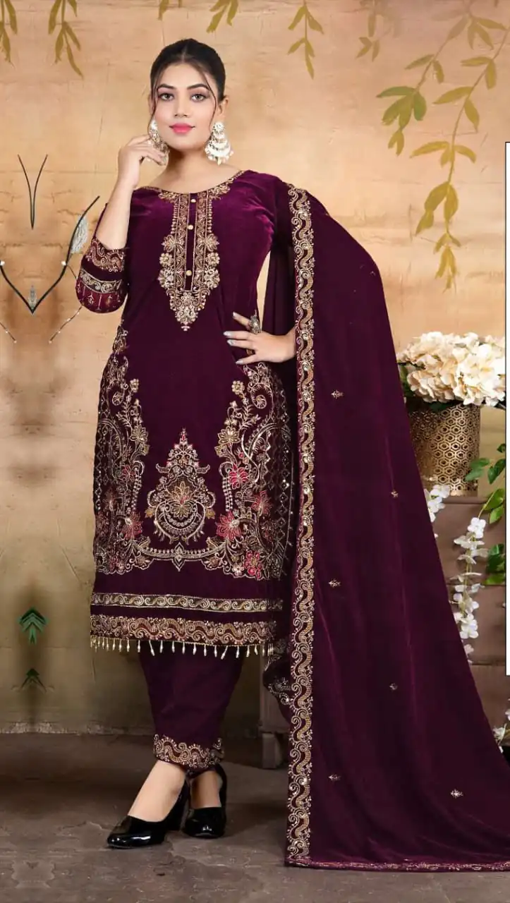 Wine Velvet Embroidery Lace Work Salwar Suit | Jump Suits, Salwar suit, Casual Suits, Creative suits, Designer Suits, Palazzo Suits, Party Wear Suits, Patiala Suits, Straight Suits