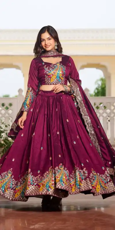 Wine Vichitra Embroidery Work Lehenga Choli | Lehenga, Bollywood Lehenga, Creative Lehenga, Designer Lehenga, Embroidered Lehenga, Party Wear Lehenga