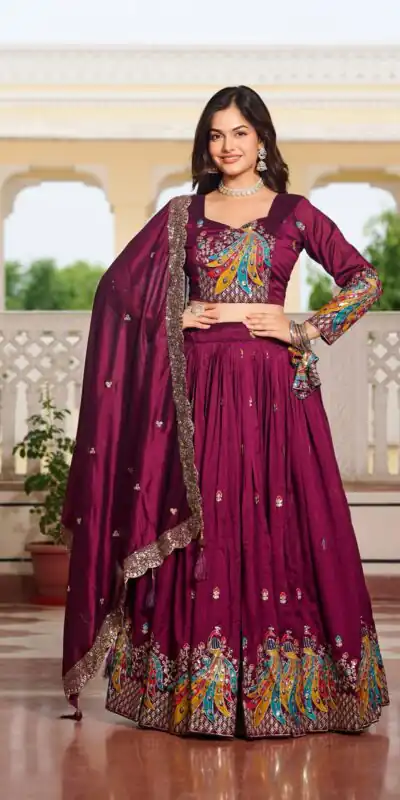 Wine Vichitra Embroidery Work Lehenga Choli | Lehenga, Bollywood Lehenga, Creative Lehenga, Designer Lehenga, Embroidered Lehenga, Party Wear Lehenga