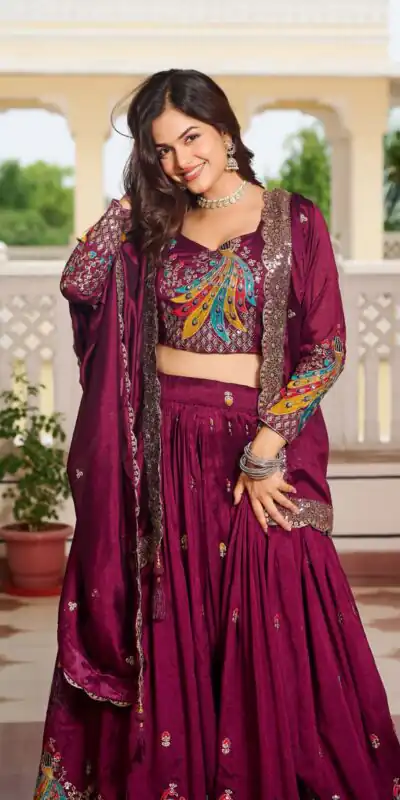 Wine Vichitra Embroidery Work Lehenga Choli | Lehenga, Bollywood Lehenga, Creative Lehenga, Designer Lehenga, Embroidered Lehenga, Party Wear Lehenga