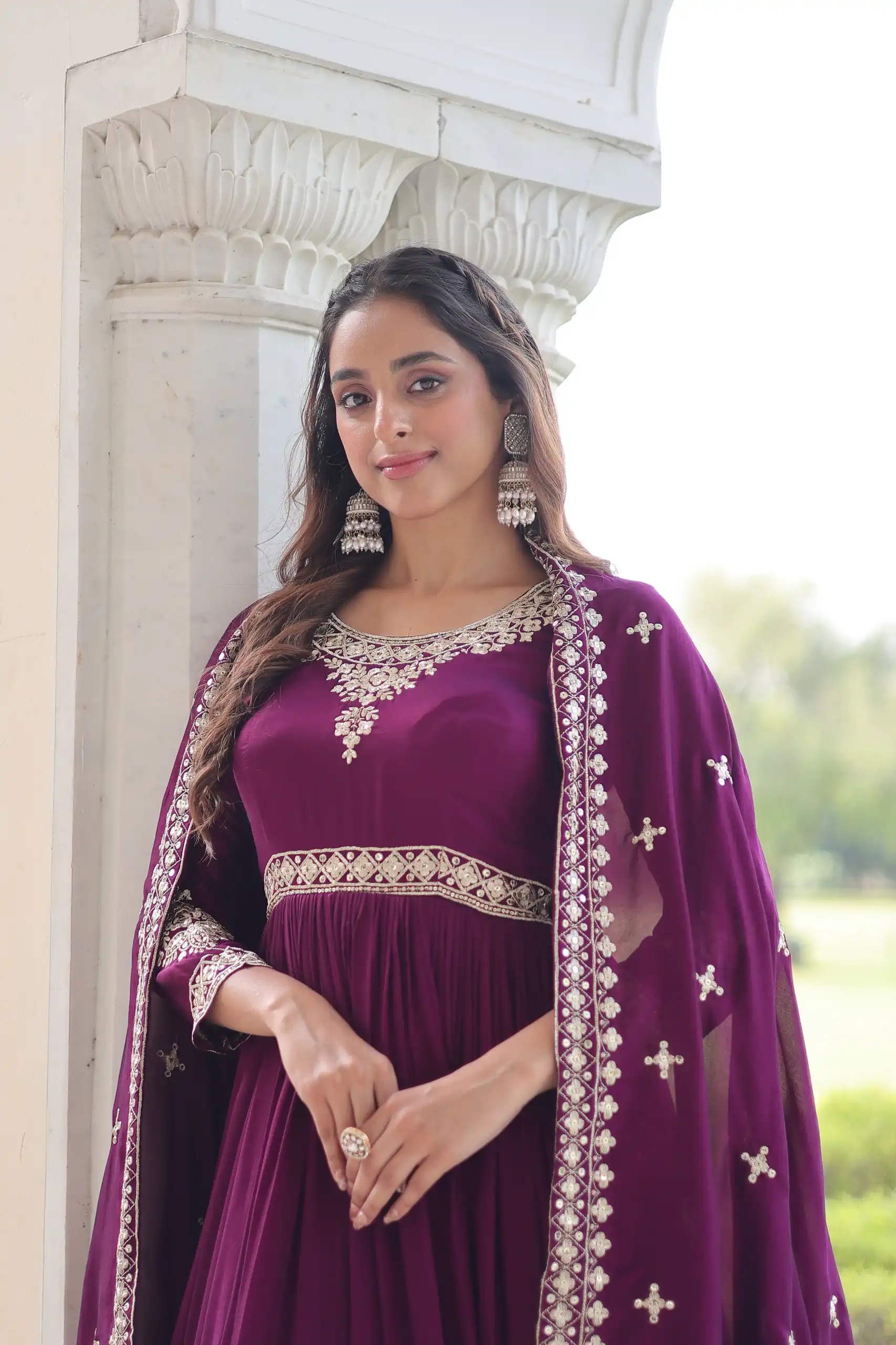 Wine Vichitra Silk Embroidery Sequins Work Gown | Gowns, Bollywood Gowns, Creative Gowns, Designer Gowns, Embroidered Gowns, Party Wear Gowns