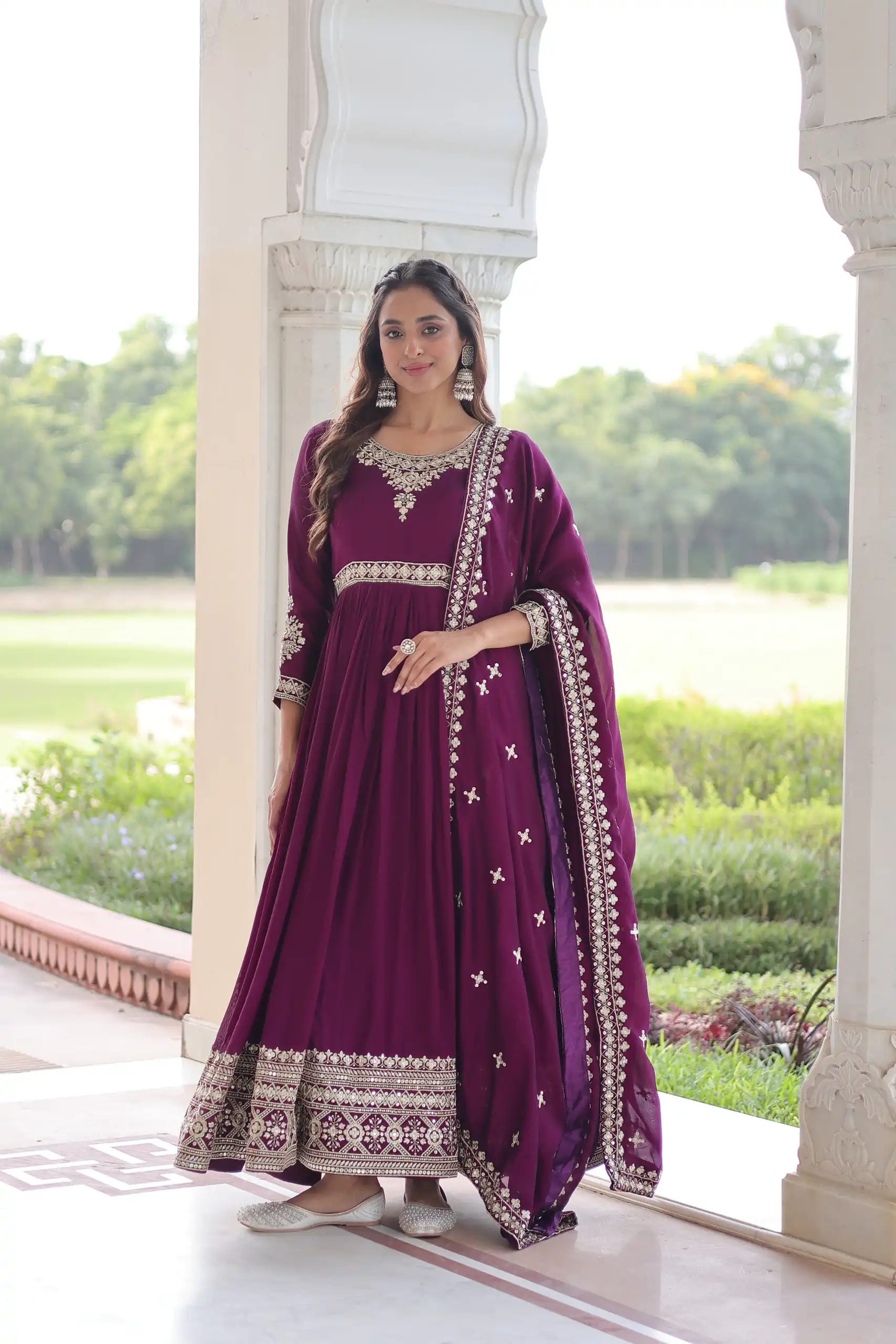 Wine Vichitra Silk Embroidery Sequins Work Gown | Gowns, Bollywood Gowns, Creative Gowns, Designer Gowns, Embroidered Gowns, Party Wear Gowns
