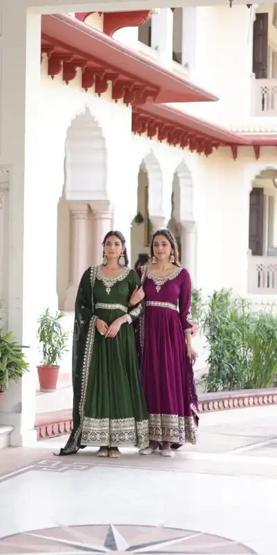 Wine Vichitra Silk Embroidery Sequins Work Gown | Gowns, Bollywood Gowns, Creative Gowns, Designer Gowns, Embroidered Gowns, Party Wear Gowns