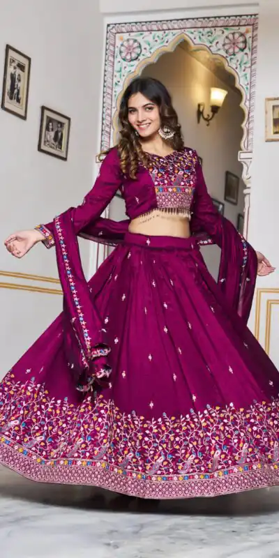 Wine Vichitra Silk Embroidery Work Lehenga Choli | Lehenga, Bollywood Lehenga, Creative Lehenga, Designer Lehenga, Embroidered Lehenga, Party Wear Lehenga