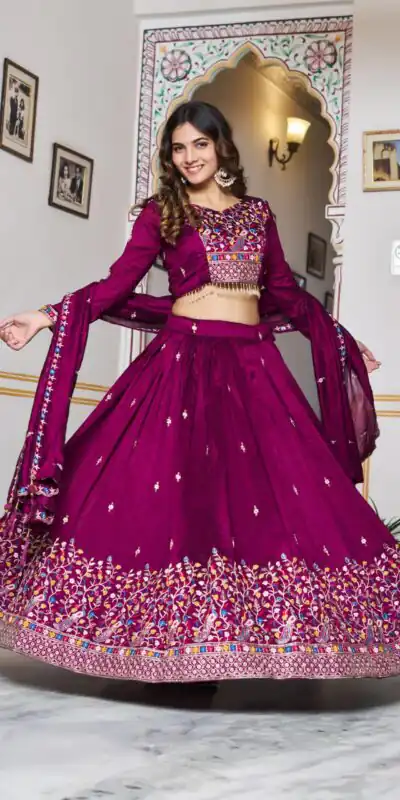 Wine Vichitra Silk Embroidery Work Lehenga Choli | Lehenga, Bollywood Lehenga, Creative Lehenga, Designer Lehenga, Embroidered Lehenga, Party Wear Lehenga