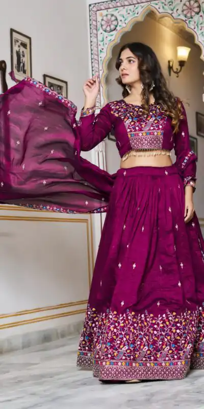 Wine Vichitra Silk Embroidery Work Lehenga Choli | Lehenga, Bollywood Lehenga, Creative Lehenga, Designer Lehenga, Embroidered Lehenga, Party Wear Lehenga