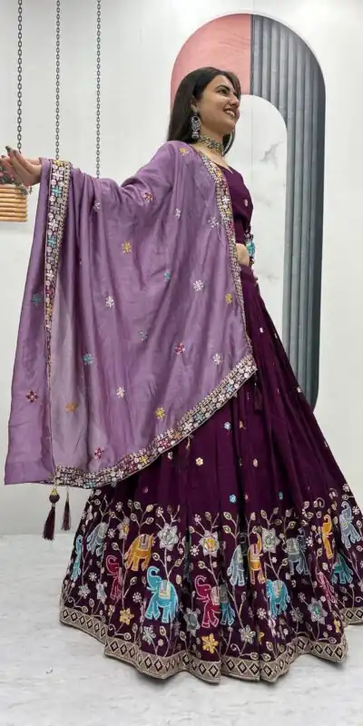 Wine Vichitra Silk Lace Border Work Lehenga Choli | Lehenga, Bollywood Lehenga, Creative Lehenga, Designer Lehenga, Embroidered Lehenga, Party Wear Lehenga