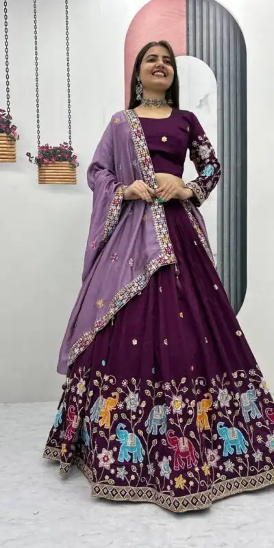 Wine Vichitra Silk Lace Border Work Lehenga Choli | Lehenga, Bollywood Lehenga, Creative Lehenga, Designer Lehenga, Embroidered Lehenga, Party Wear Lehenga