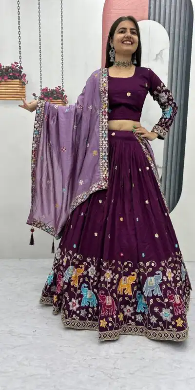 Wine Vichitra Silk Lace Border Work Lehenga Choli | Lehenga, Bollywood Lehenga, Creative Lehenga, Designer Lehenga, Embroidered Lehenga, Party Wear Lehenga