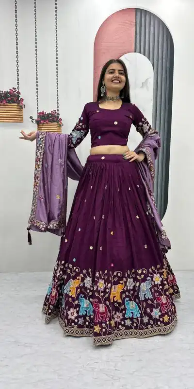 Wine Vichitra Silk Lace Border Work Lehenga Choli | Lehenga, Bollywood Lehenga, Creative Lehenga, Designer Lehenga, Embroidered Lehenga, Party Wear Lehenga