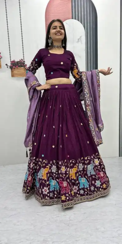 Wine Vichitra Silk Lace Border Work Lehenga Choli | Lehenga, Bollywood Lehenga, Creative Lehenga, Designer Lehenga, Embroidered Lehenga, Party Wear Lehenga
