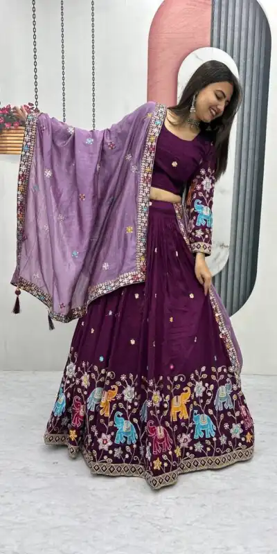 Wine Vichitra Silk Lace Border Work Lehenga Choli | Lehenga, Bollywood Lehenga, Creative Lehenga, Designer Lehenga, Embroidered Lehenga, Party Wear Lehenga