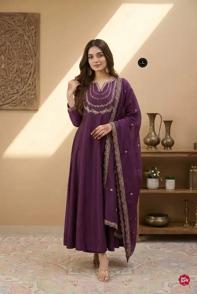 Wine Vichitra Silk Sequence Work Gown | Gowns, Bollywood Gowns, Creative Gowns, Designer Gowns, Embroidered Gowns, Party Wear Gowns
