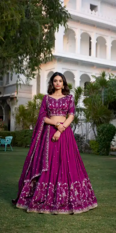 Wine Vichitra Silk Work Embroidery Lehenga Choli | Lehenga, Bollywood Lehenga, Creative Lehenga, Designer Lehenga, Embroidered Lehenga, Party Wear Lehenga