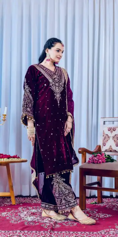 Wine Viscose Velvet Embroidery Salwar Suit | Jump Suits, Salwar suit, Casual Suits, Creative suits, Designer Suits, Palazzo Suits, Party Wear Suits, Patiala Suits, Straight Suits