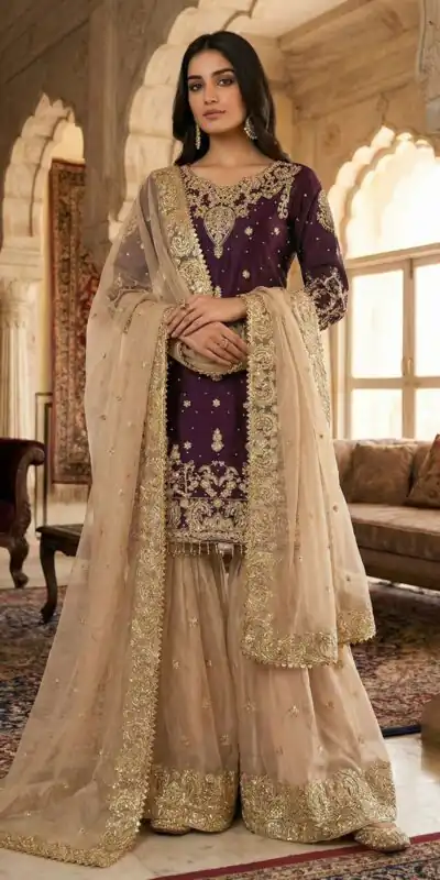 Wine Zimmy Choo Silk Embroidery Work Slwar Suit | Jump Suits, Tops & Bottoms, Track Suits, Salwar suit, Casual Suits, Creative suits, Designer Suits, Palazzo Suits, Party Wear Suits, Patiala Suits, Straight Suits, Trendy Wear