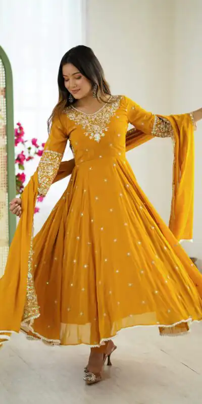 Yellow Blooming Faux Embroidery Work Gown | Gowns, Bollywood Gowns, Creative Gowns, Designer Gowns, Embroidered Gowns, Party Wear Gowns