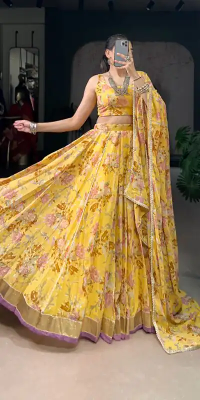 Yellow Chiffon Embossed Lehenga Choli | Lehenga, Bollywood Lehenga, Creative Lehenga, Designer Lehenga, Embroidered Lehenga, Party Wear Lehenga