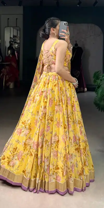 Yellow Chiffon Embossed Lehenga Choli | Lehenga, Bollywood Lehenga, Creative Lehenga, Designer Lehenga, Embroidered Lehenga, Party Wear Lehenga