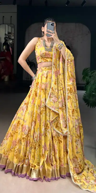 Yellow Chiffon Embossed Lehenga Choli | Lehenga, Bollywood Lehenga, Creative Lehenga, Designer Lehenga, Embroidered Lehenga, Party Wear Lehenga