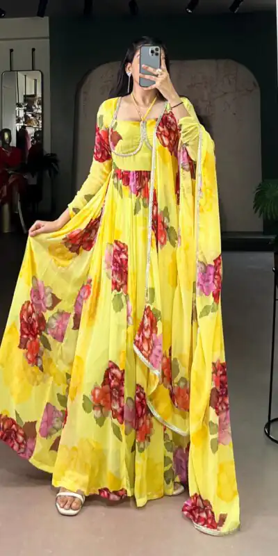 Yellow Chiffon Floral Print Lace Work Gown | Gowns, Bollywood Gowns, Creative Gowns, Designer Gowns, Embroidered Gowns, Party Wear Gowns