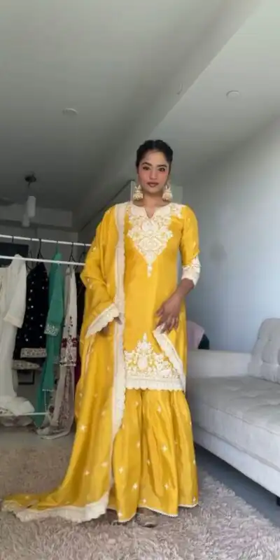 Yellow Chinnon Silk thread With Sequence Sharara Suit | Jump Suits, Salwar suit, Casual Suits, Creative suits, Designer Suits, Palazzo Suits, Party Wear Suits, Patiala Suits, Straight Suits