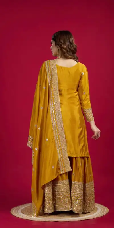 Yellow Chinnon Silk With Embroidery Work Sharara Suit | Jump Suits, Salwar suit, Casual Suits, Creative suits, Designer Suits, Palazzo Suits, Party Wear Suits, Patiala Suits, Straight Suits