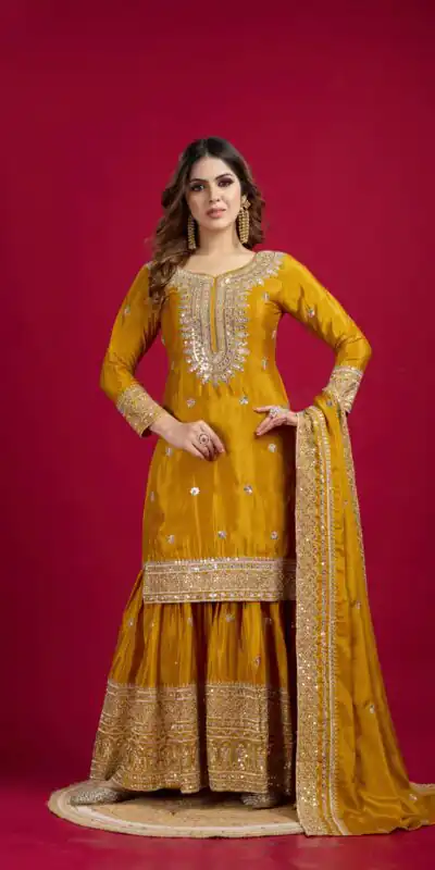 Yellow Chinnon Silk With Embroidery Work Sharara Suit | Jump Suits, Salwar suit, Casual Suits, Creative suits, Designer Suits, Palazzo Suits, Party Wear Suits, Patiala Suits, Straight Suits