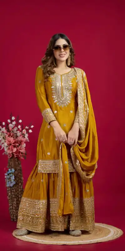 Yellow Chinnon Silk With Embroidery Work Sharara Suit | Jump Suits, Salwar suit, Casual Suits, Creative suits, Designer Suits, Palazzo Suits, Party Wear Suits, Patiala Suits, Straight Suits