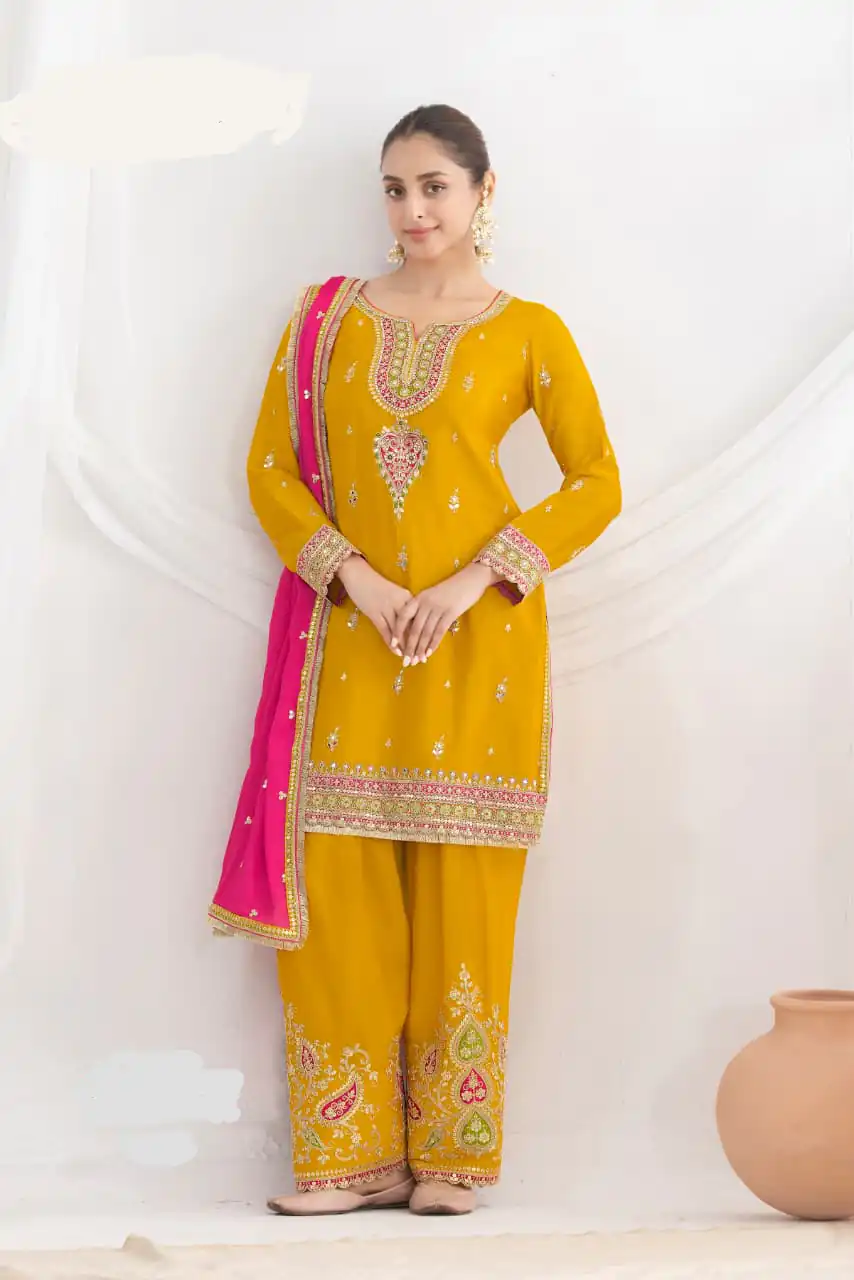 Yellow Chinon Embroidery Mirror Work Salwar Suit | Jump Suits, Tops & Bottoms, Track Suits, Salwar suit, Casual Suits, Creative suits, Designer Suits, Palazzo Suits, Party Wear Suits, Patiala Suits, Straight Suits, Trendy Wear