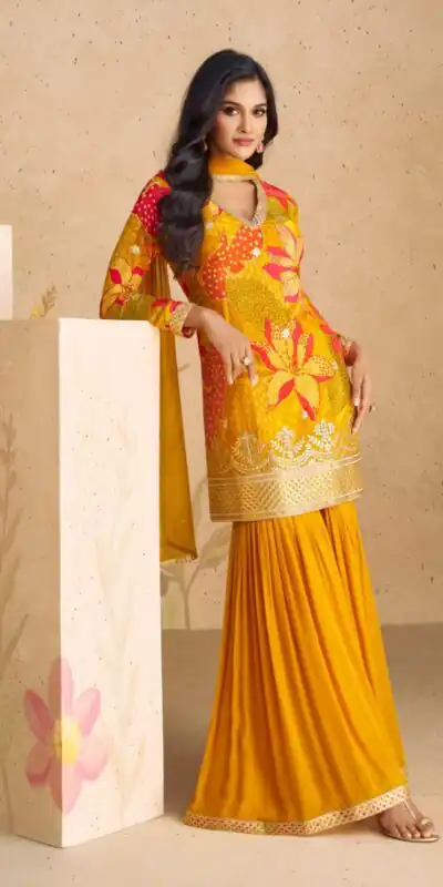 Yellow Chinon Printed Embroidery Work Sharara Suit | Jump Suits, Salwar suit, Casual Suits, Creative suits, Designer Suits, Palazzo Suits, Party Wear Suits, Patiala Suits, Straight Suits