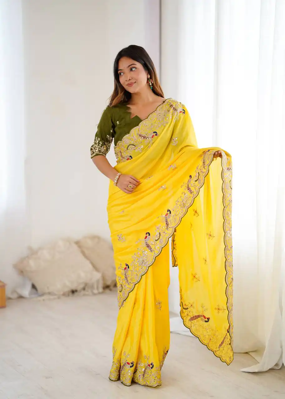 Yellow Chinon Silk Embroidery Sequins Work Saree | Sarees, Bollywood Sarees, Creative Sarees, Designer Sarees, Embroidered Sarees, Ethnic Saree, Modern Digital sarees, Party Wear Sarees