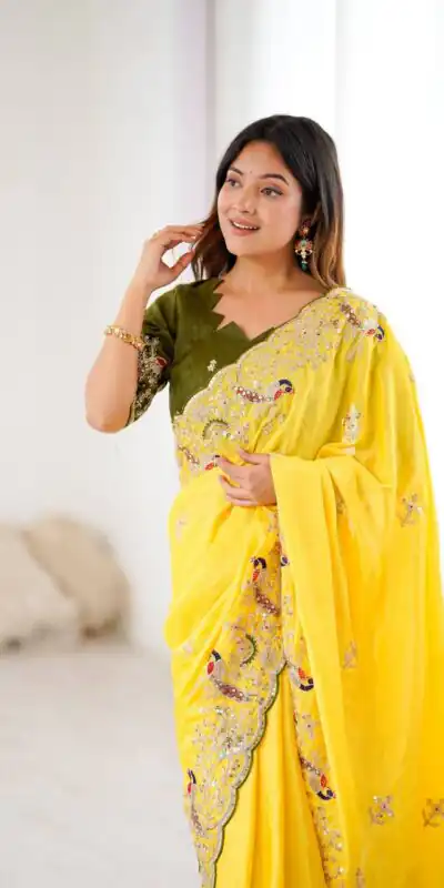 Yellow Chinon Silk Embroidery Sequins Work Saree | Sarees, Bollywood Sarees, Creative Sarees, Designer Sarees, Embroidered Sarees, Ethnic Saree, Modern Digital sarees, Party Wear Sarees