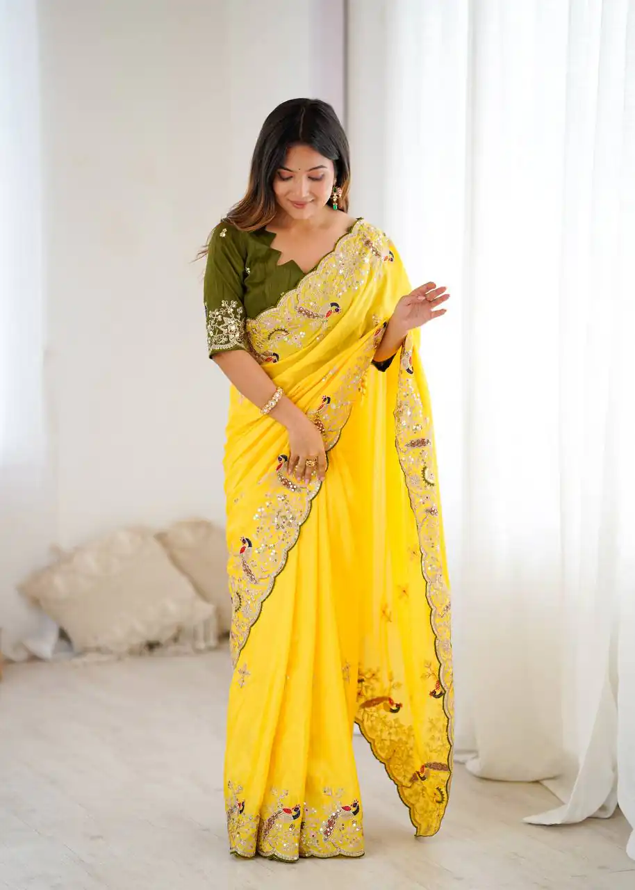 Yellow Chinon Silk Embroidery Sequins Work Saree | Sarees, Bollywood Sarees, Creative Sarees, Designer Sarees, Embroidered Sarees, Ethnic Saree, Modern Digital sarees, Party Wear Sarees