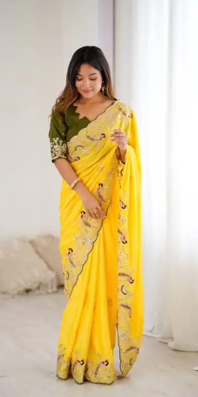 Yellow Chinon Silk Embroidery Sequins Work Saree | Sarees, Bollywood Sarees, Creative Sarees, Designer Sarees, Embroidered Sarees, Ethnic Saree, Modern Digital sarees, Party Wear Sarees