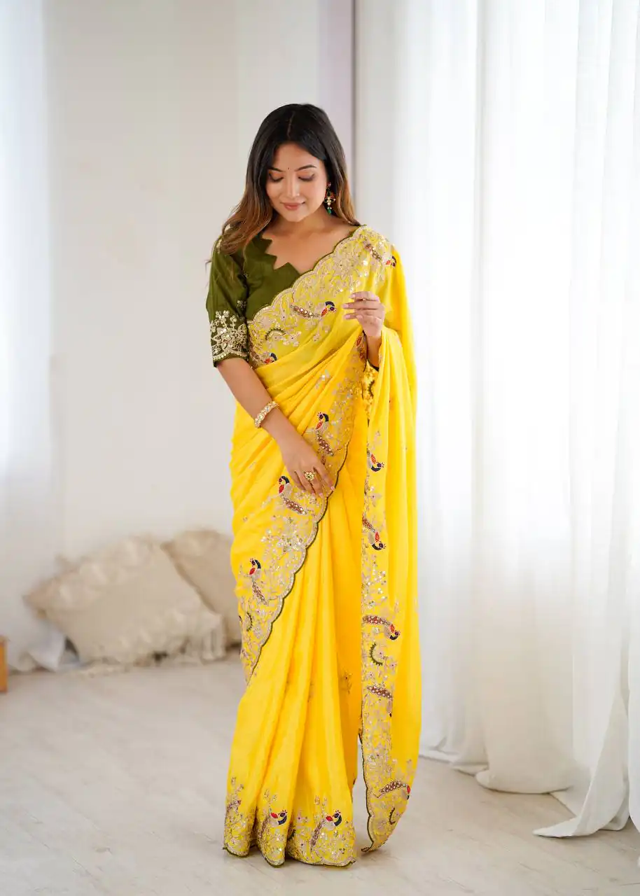 Yellow Chinon Silk Embroidery Sequins Work Saree | Sarees, Bollywood Sarees, Creative Sarees, Designer Sarees, Embroidered Sarees, Ethnic Saree, Modern Digital sarees, Party Wear Sarees