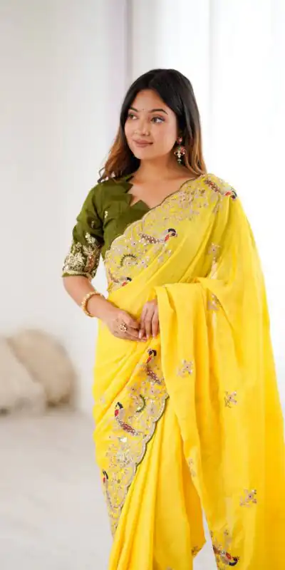 Yellow Chinon Silk Embroidery Sequins Work Saree | Sarees, Bollywood Sarees, Creative Sarees, Designer Sarees, Embroidered Sarees, Ethnic Saree, Modern Digital sarees, Party Wear Sarees