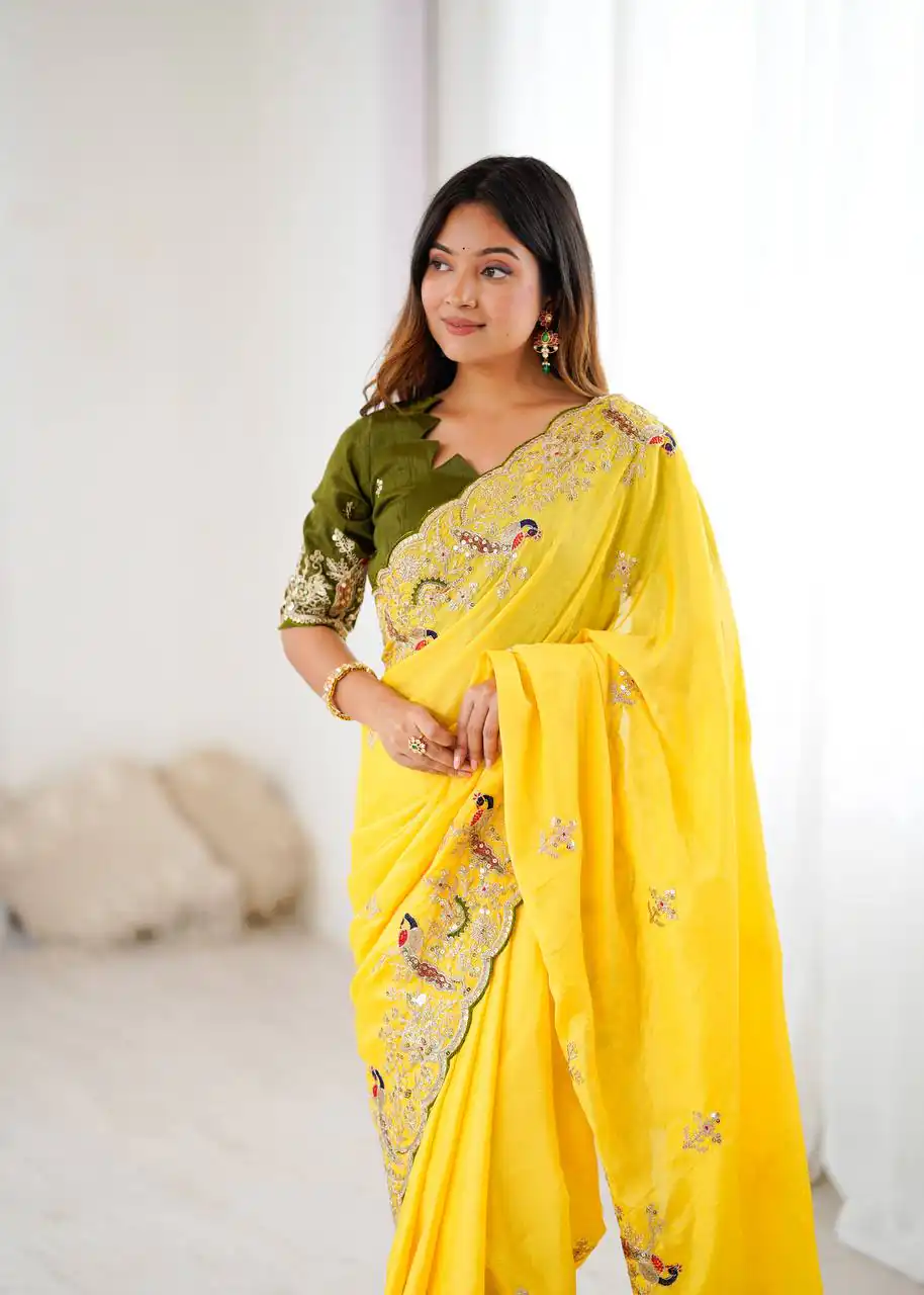 Yellow Chinon Silk Embroidery Sequins Work Saree | Sarees, Bollywood Sarees, Creative Sarees, Designer Sarees, Embroidered Sarees, Ethnic Saree, Modern Digital sarees, Party Wear Sarees