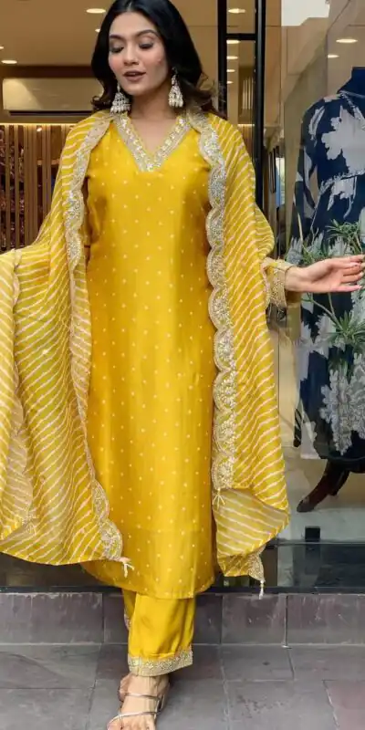 Yellow Chinon Silk Wide Digital Print Coding Work Lace Salwar Suit | Jump Suits, Salwar suit, Casual Suits, Creative suits, Designer Suits, Palazzo Suits, Party Wear Suits, Patiala Suits, Straight Suits