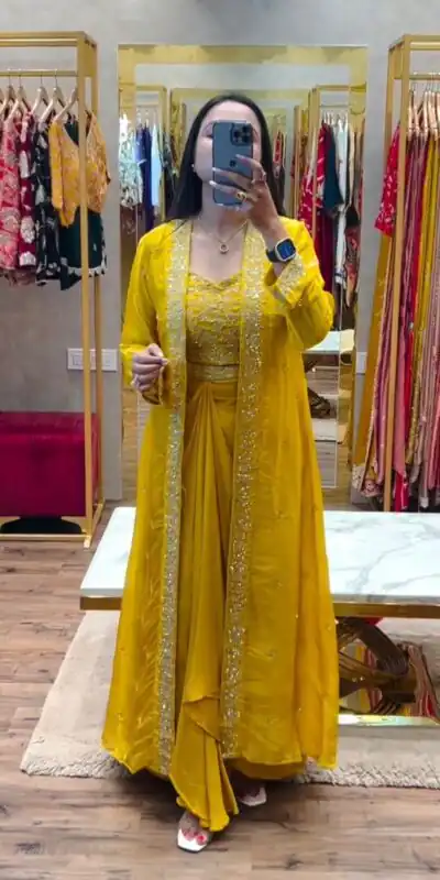 Yellow Chinon Silk With Embroidery Work Dhoti Suit | Jump Suits, Salwar suit, Casual Suits, Creative suits, Designer Suits, Palazzo Suits, Party Wear Suits, Patiala Suits, Straight Suits