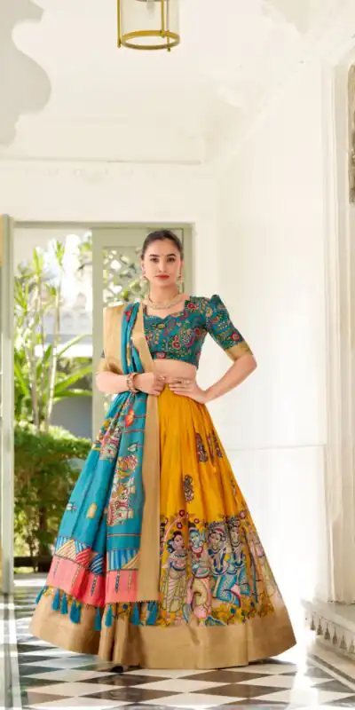 Yellow Dola Silk Lace Work Kalamkari Print Lehenga Choli | Lehenga, Bollywood Lehenga, Creative Lehenga, Designer Lehenga, Embroidered Lehenga, Party Wear Lehenga