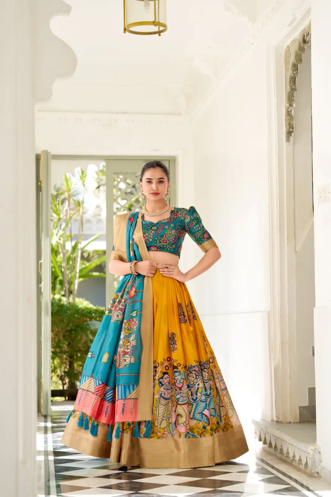 Yellow Dola Silk Lace Work Kalamkari Print Lehenga Choli | Lehenga, Bollywood Lehenga, Creative Lehenga, Designer Lehenga, Embroidered Lehenga, Party Wear Lehenga