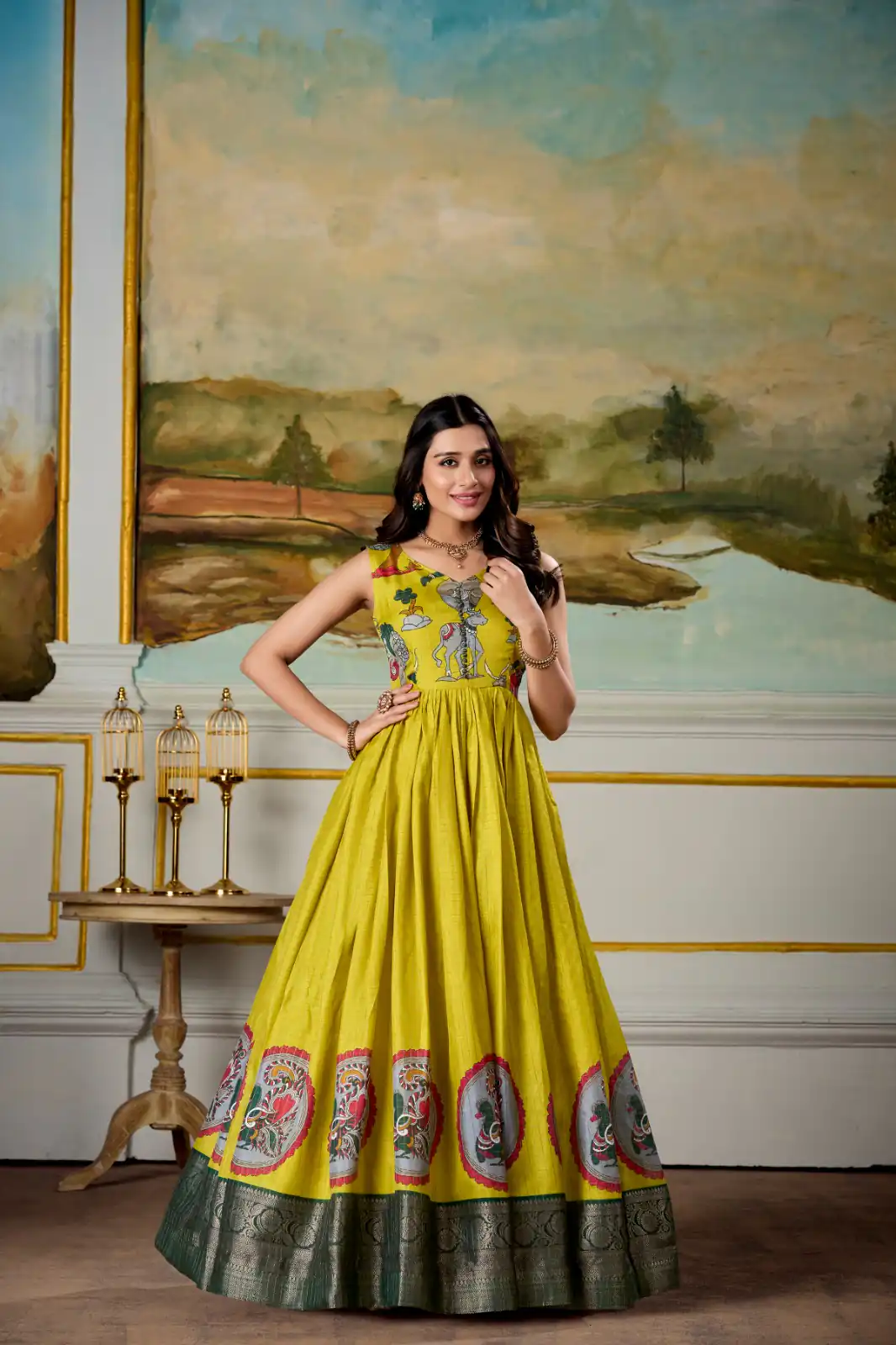 Yellow Dola Silk Print Weaving Broder Gown | Gowns, Bollywood Gowns, Creative Gowns, Designer Gowns, Embroidered Gowns, Party Wear Gowns