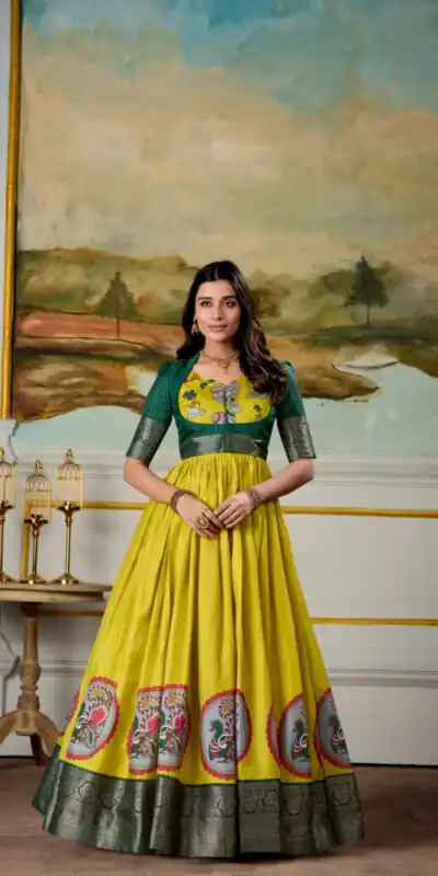 Yellow Dola Silk Print Weaving Broder Gown | Gowns, Bollywood Gowns, Creative Gowns, Designer Gowns, Embroidered Gowns, Party Wear Gowns