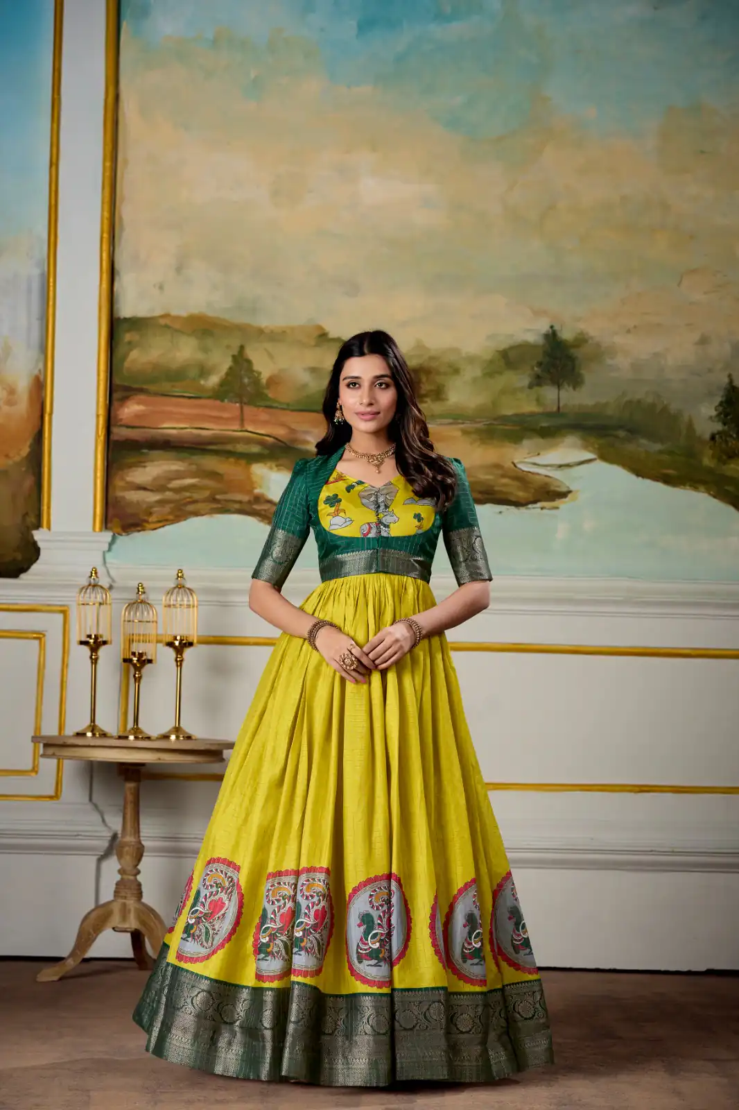 Yellow Dola Silk Print Weaving Broder Gown | Gowns, Bollywood Gowns, Creative Gowns, Designer Gowns, Embroidered Gowns, Party Wear Gowns