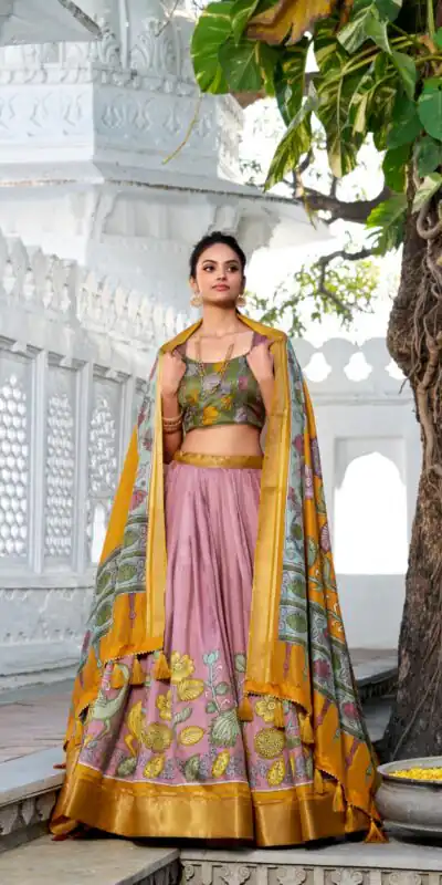 Yellow Dola Silk Print Zari Border Lehenga Choli | Lehenga, Bollywood Lehenga, Creative Lehenga, Designer Lehenga, Embroidered Lehenga, Party Wear Lehenga